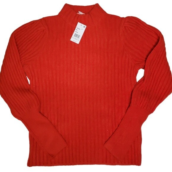 NWT Leyden Ribbed Mock-Neck Pullover Sweater w Puffed Sleeves - Red - L - Picture 2 of 13